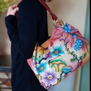 ANUSCHKA, LEATHER,HAND-MADE,HAND-PAINTED, FLORAL BERRY, SHOULDER/SATCHEL